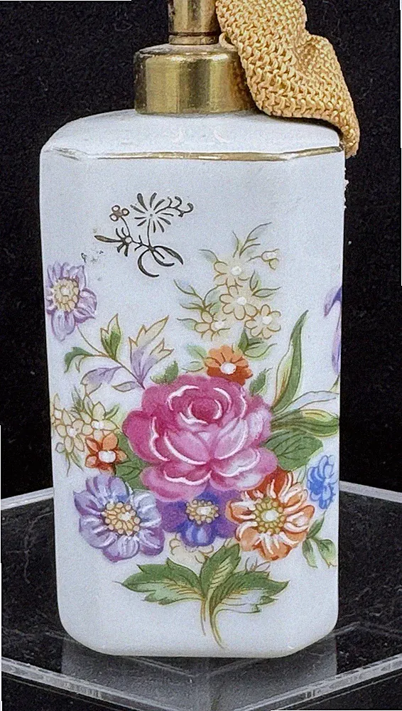 KPM Porcelain Square Atomizer Perfume Bottle Floral Pattern 4" Gold Accents