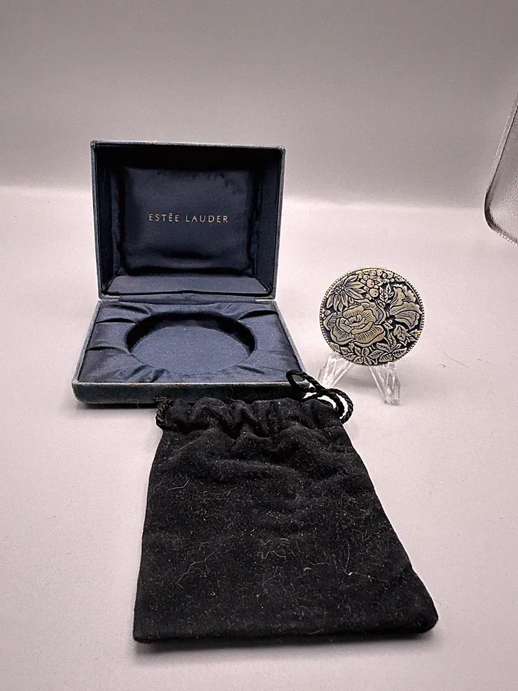 VTG Estee Lauder Solid Perfume Compact Empty Blue White Floral Cameo Box Pouch