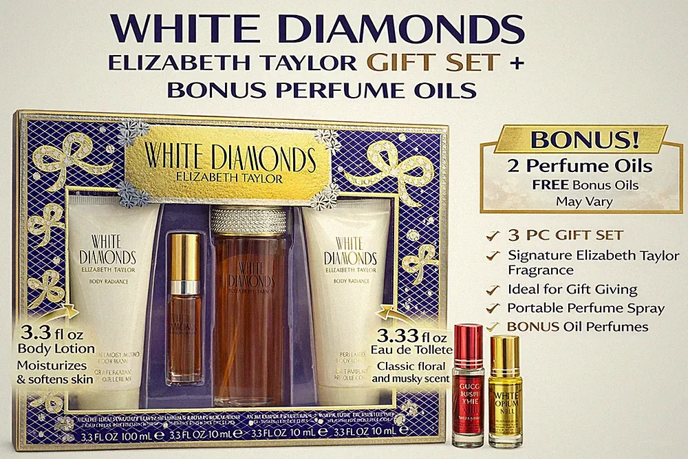 White Diamonds LADIES 4Pc Gift Set Perfume + 2 Free Oils Elizabeth Taylor